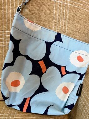 Marimekko Light Blue Floral Shoulder Bag with Navy & Coral Accents